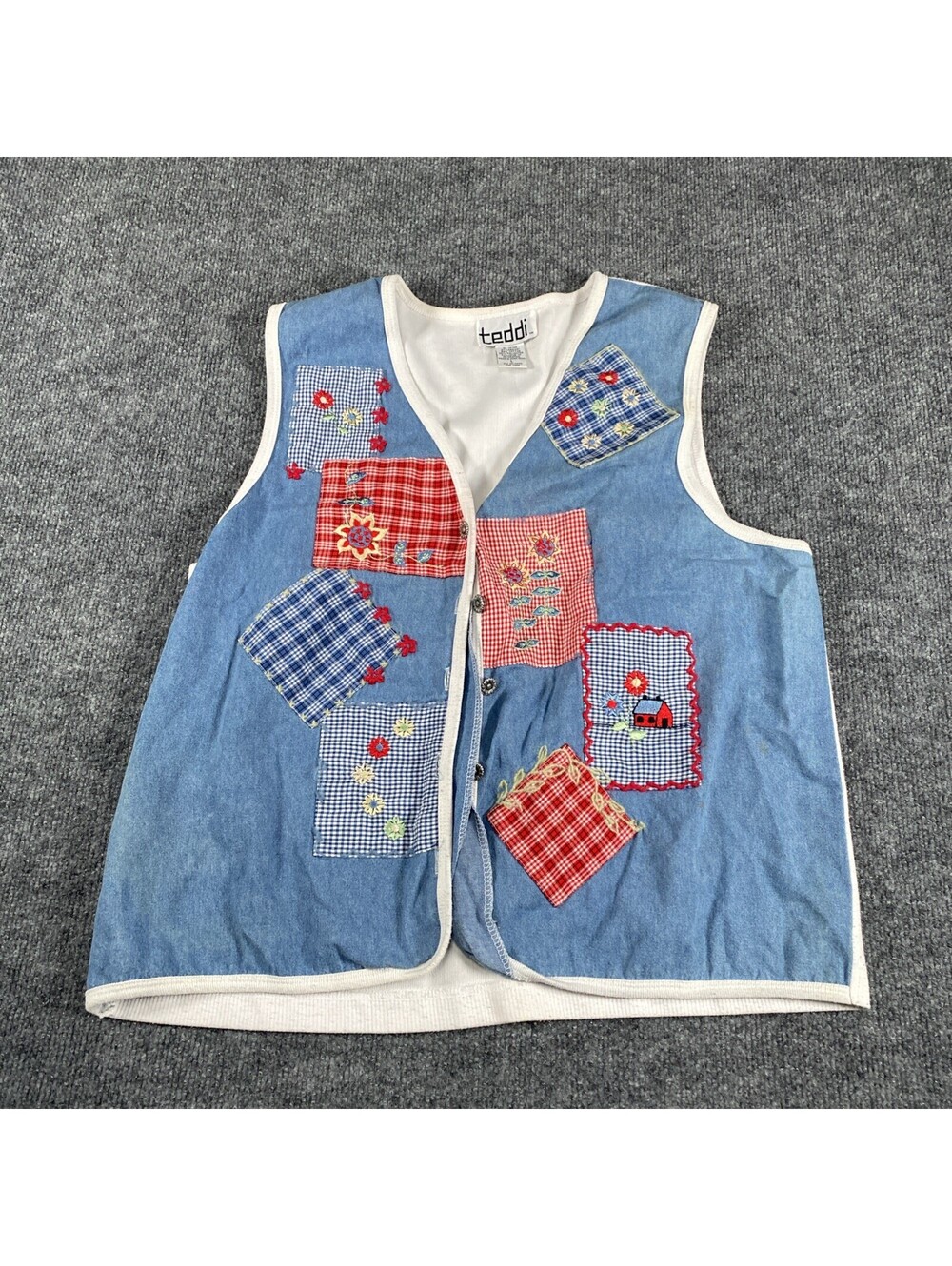 Vintage Teddi Cottagecore Blue Floral Knit Vest L Button Front  Embroidered Ag